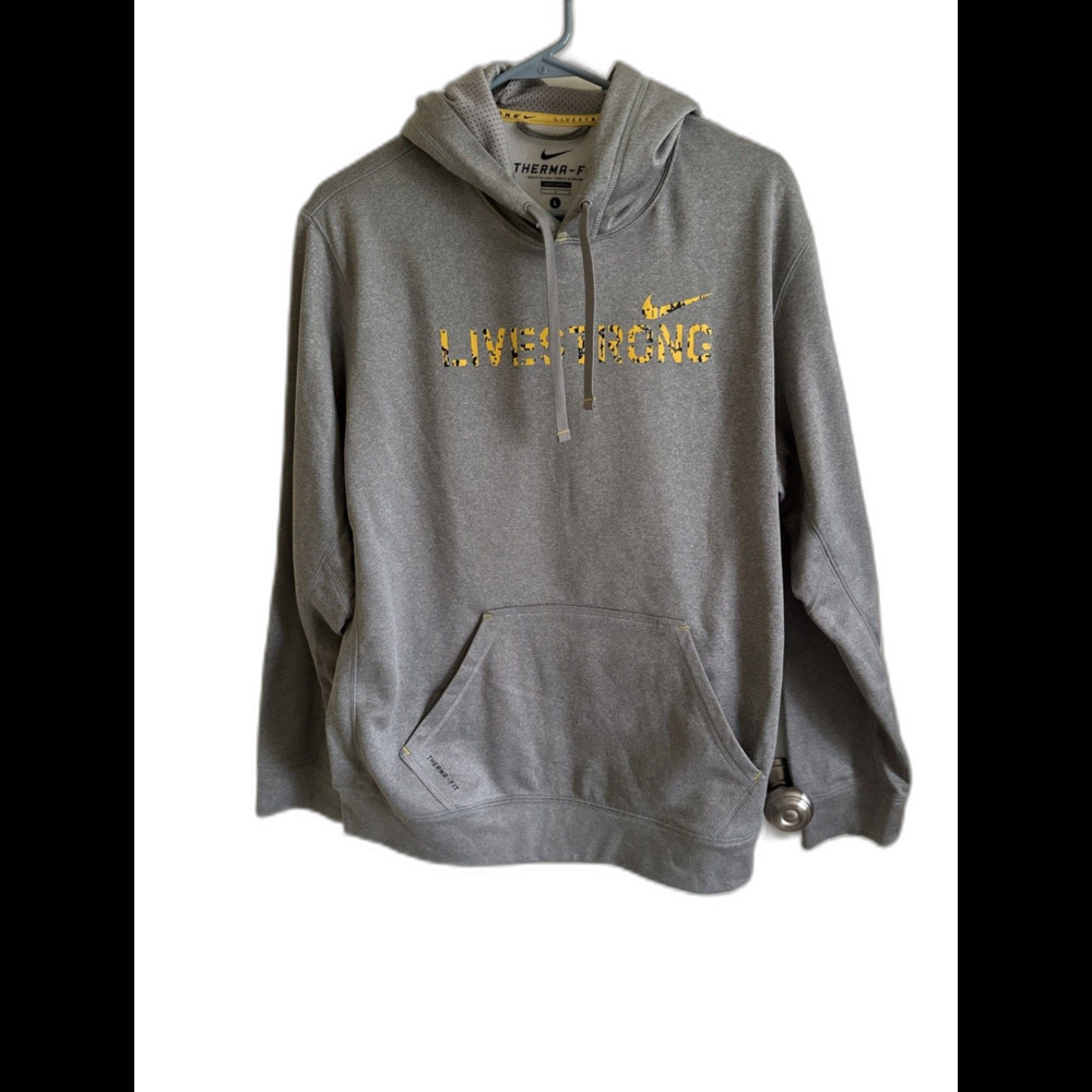 Nike Livestrong Lance Armstrong Therma-Fit Hoodie Pullover Gray Sweatshirt Sz L - Picture 1 of 7